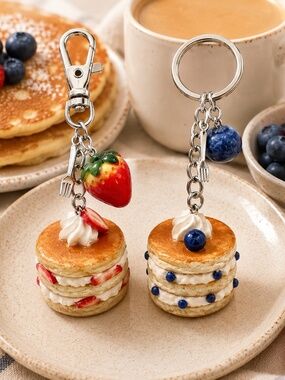 Pancake Keychain or Bag Clip – Strawberry or Blueberry Fluffy and Fruity Pancake